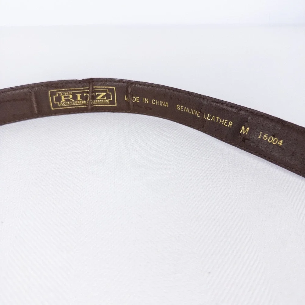 Sculptural Vintage Ritz Brown Leather Croc Embossed Belt Gold Wing Buckle 34